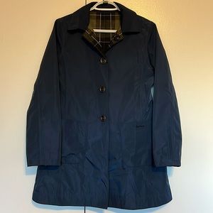 Barbour Reversible Derby Mac Raincoat. Good condition, navy and tartan lined.